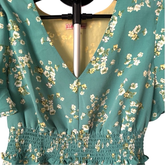 Floral Cottagecore Bluish Turquoise Blouse with Ruffle Sleeves, Size Medium - Picture 2 of 7